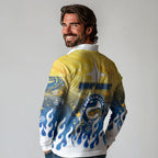 Personalized Parramatta Eels Long Sleeve Polo Shirt Y2K Grunge Aesthetic With Cyber Flames and Starburst Graphics
