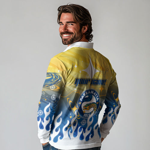 Personalized Parramatta Eels Long Sleeve Polo Shirt Y2K Grunge Aesthetic With Cyber Flames and Starburst Graphics