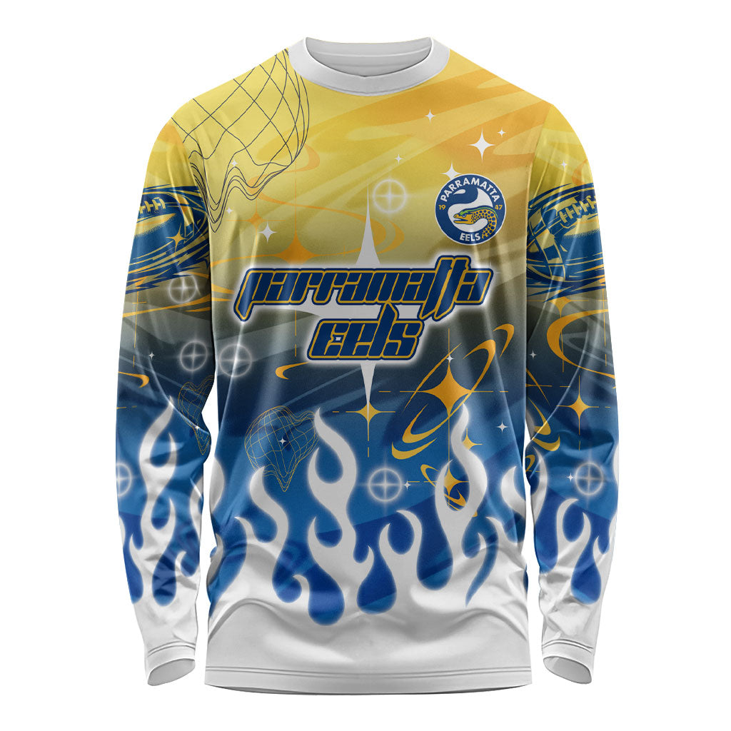 Personalized Parramatta Eels Long Sleeve Shirt Y2K Grunge Aesthetic With Cyber Flames and Starburst Graphics
