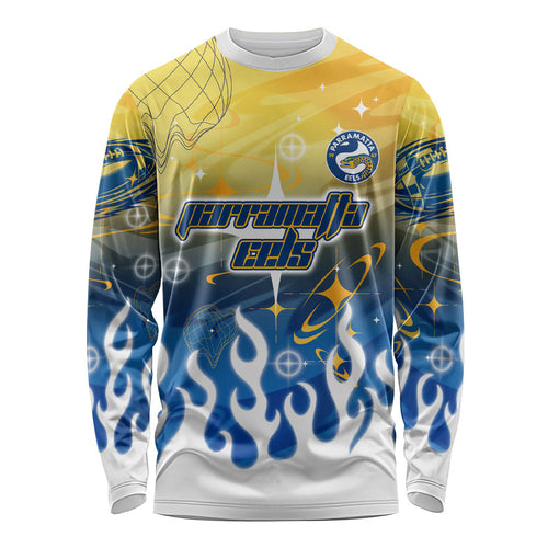 Personalized Parramatta Eels Long Sleeve Shirt Y2K Grunge Aesthetic With Cyber Flames and Starburst Graphics