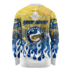 Personalized Parramatta Eels Long Sleeve Shirt Y2K Grunge Aesthetic With Cyber Flames and Starburst Graphics