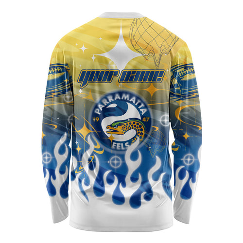 Personalized Parramatta Eels Long Sleeve Shirt Y2K Grunge Aesthetic With Cyber Flames and Starburst Graphics