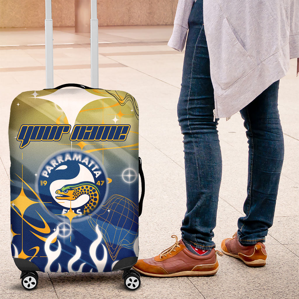 Personalized Parramatta Eels Luggage Cover Y2K Grunge Aesthetic With Cyber Flames and Starburst Graphics