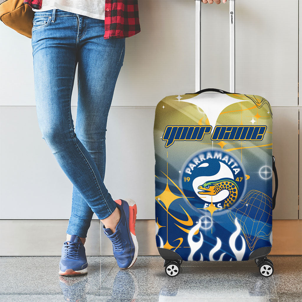 Personalized Parramatta Eels Luggage Cover Y2K Grunge Aesthetic With Cyber Flames and Starburst Graphics