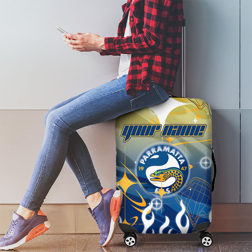 Personalized Parramatta Eels Luggage Cover Y2K Grunge Aesthetic With Cyber Flames and Starburst Graphics