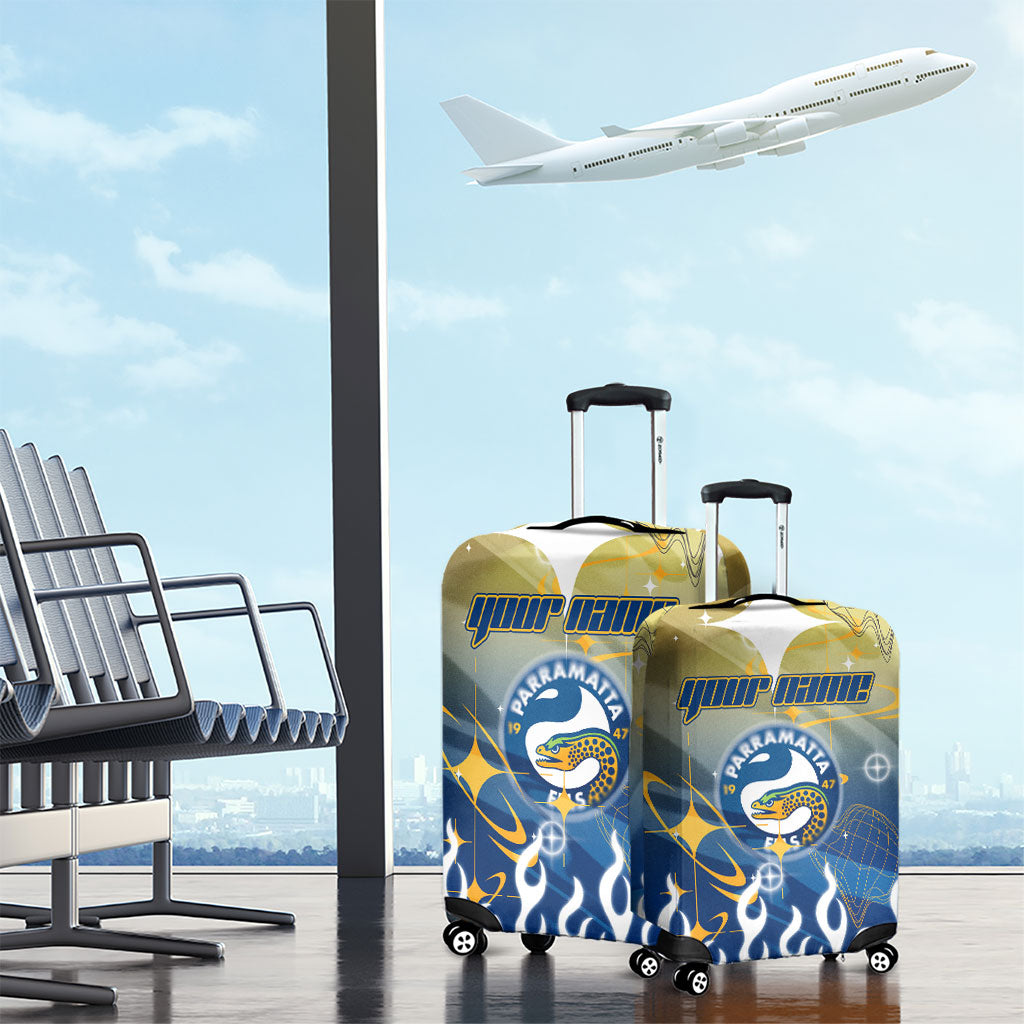 Personalized Parramatta Eels Luggage Cover Y2K Grunge Aesthetic With Cyber Flames and Starburst Graphics