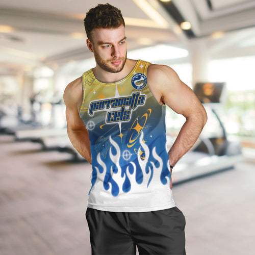 Personalized Parramatta Eels Men Tank Top Y2K Grunge Aesthetic With Cyber Flames and Starburst Graphics
