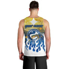 Personalized Parramatta Eels Men Tank Top Y2K Grunge Aesthetic With Cyber Flames and Starburst Graphics