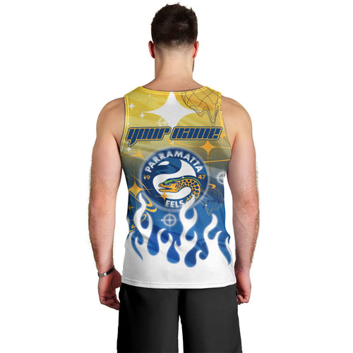 Personalized Parramatta Eels Men Tank Top Y2K Grunge Aesthetic With Cyber Flames and Starburst Graphics