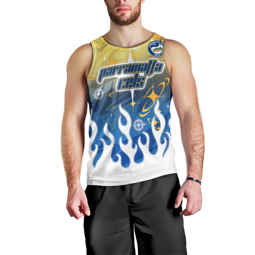 Personalized Parramatta Eels Men Tank Top Y2K Grunge Aesthetic With Cyber Flames and Starburst Graphics
