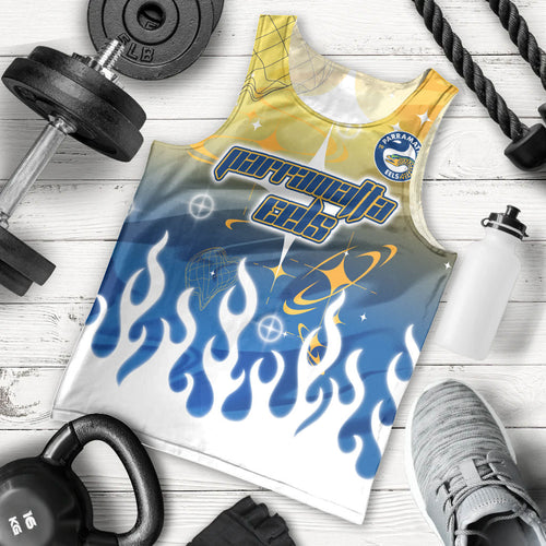 Personalized Parramatta Eels Men Tank Top Y2K Grunge Aesthetic With Cyber Flames and Starburst Graphics