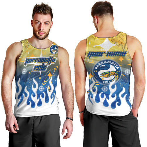 Personalized Parramatta Eels Men Tank Top Y2K Grunge Aesthetic With Cyber Flames and Starburst Graphics
