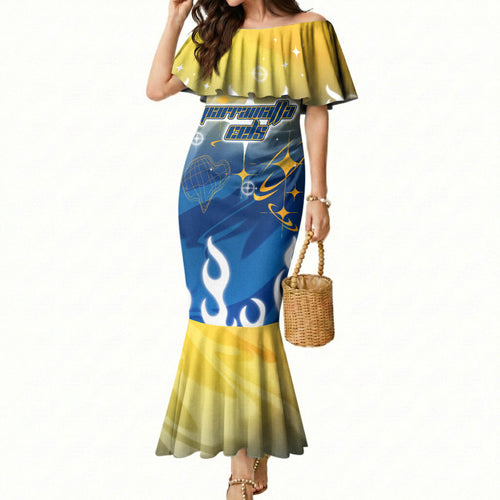 Personalized Parramatta Eels Mermaid Dress Y2K Grunge Aesthetic With Cyber Flames and Starburst Graphics