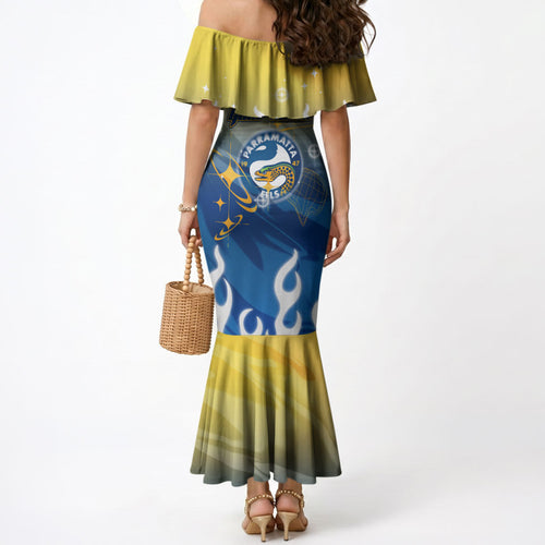 Personalized Parramatta Eels Mermaid Dress Y2K Grunge Aesthetic With Cyber Flames and Starburst Graphics