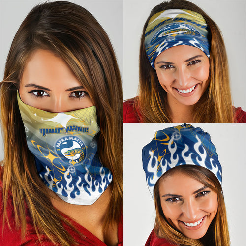 Personalized Parramatta Eels Neck Gaiter Y2K Grunge Aesthetic With Cyber Flames and Starburst Graphics
