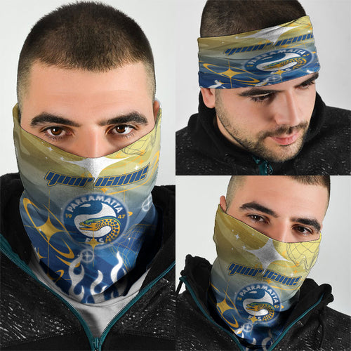 Personalized Parramatta Eels Neck Gaiter Y2K Grunge Aesthetic With Cyber Flames and Starburst Graphics