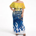 Personalized Parramatta Eels Off Shoulder Maxi Dress Y2K Grunge Aesthetic With Cyber Flames and Starburst Graphics
