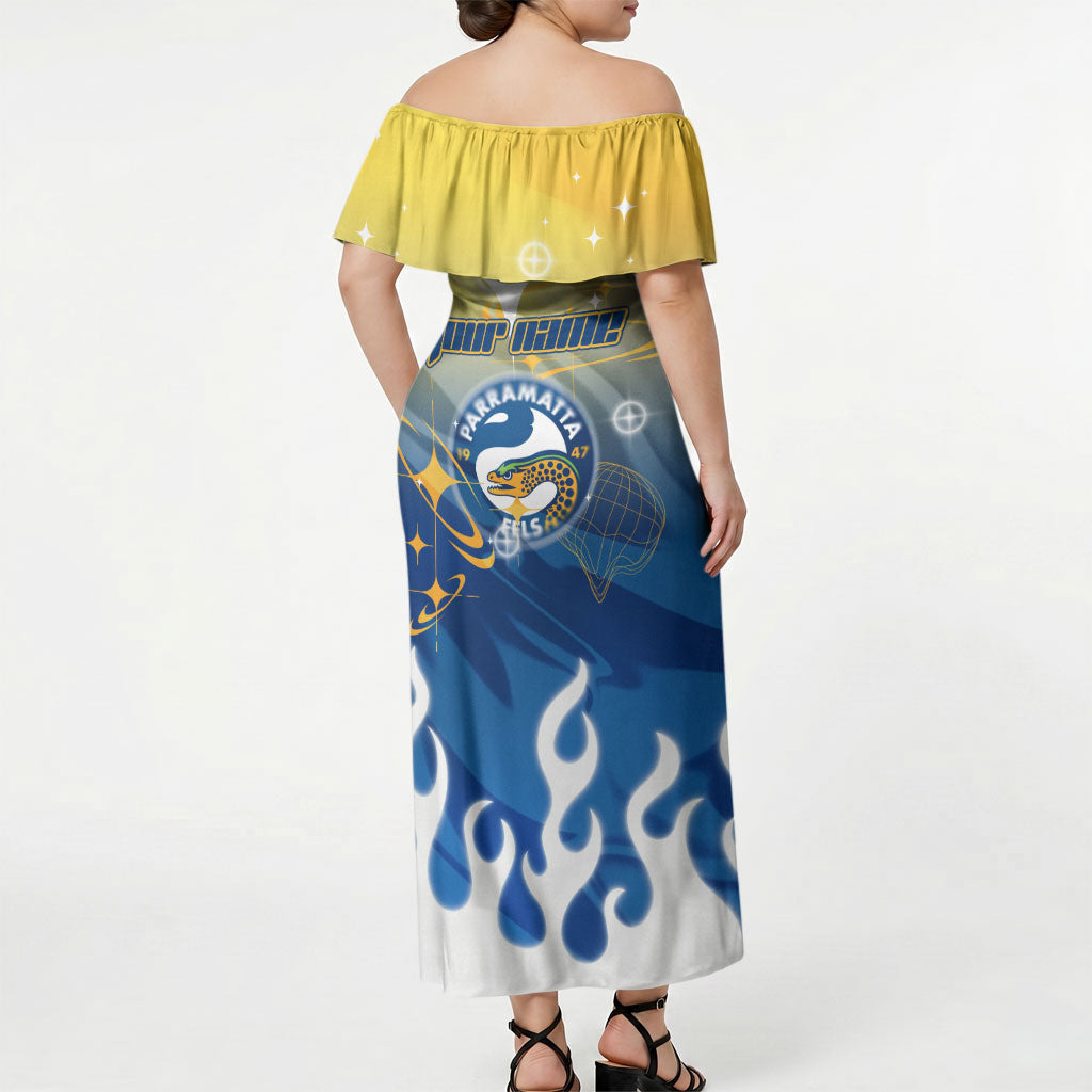 Personalized Parramatta Eels Off Shoulder Maxi Dress Y2K Grunge Aesthetic With Cyber Flames and Starburst Graphics
