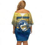 Personalized Parramatta Eels Off Shoulder Short Dress Y2K Grunge Aesthetic With Cyber Flames and Starburst Graphics