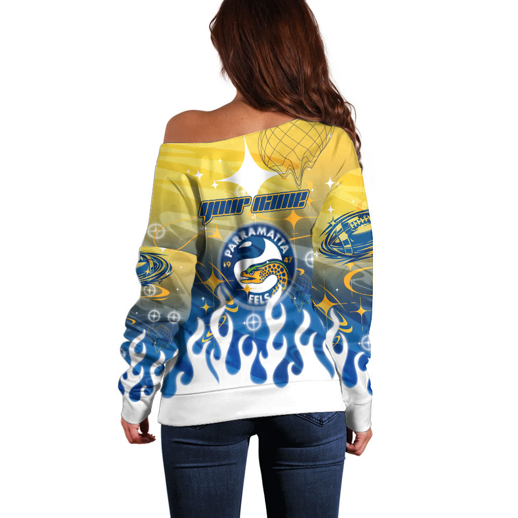 Personalized Parramatta Eels Off Shoulder Sweater Y2K Grunge Aesthetic With Cyber Flames and Starburst Graphics