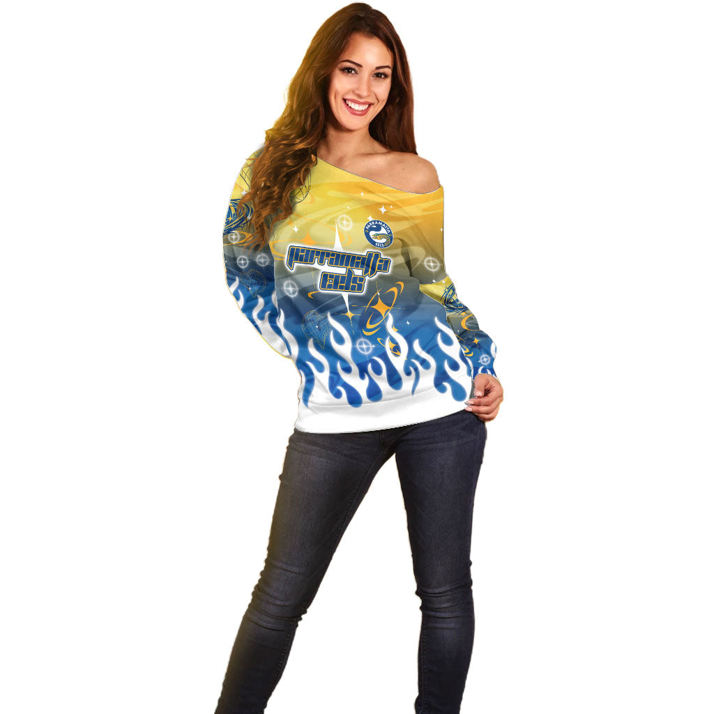 Personalized Parramatta Eels Off Shoulder Sweater Y2K Grunge Aesthetic With Cyber Flames and Starburst Graphics