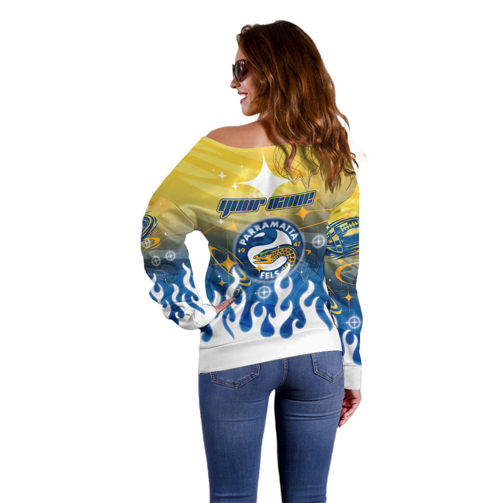 Personalized Parramatta Eels Off Shoulder Sweater Y2K Grunge Aesthetic With Cyber Flames and Starburst Graphics