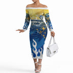 Personalized Parramatta Eels Off The Shoulder Long Sleeve Dress Y2K Grunge Aesthetic With Cyber Flames and Starburst Graphics