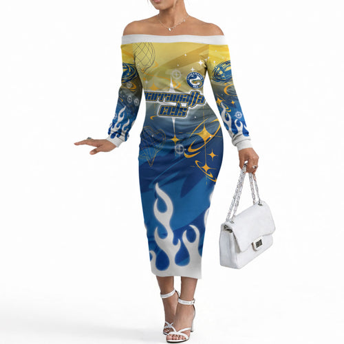 Personalized Parramatta Eels Off The Shoulder Long Sleeve Dress Y2K Grunge Aesthetic With Cyber Flames and Starburst Graphics