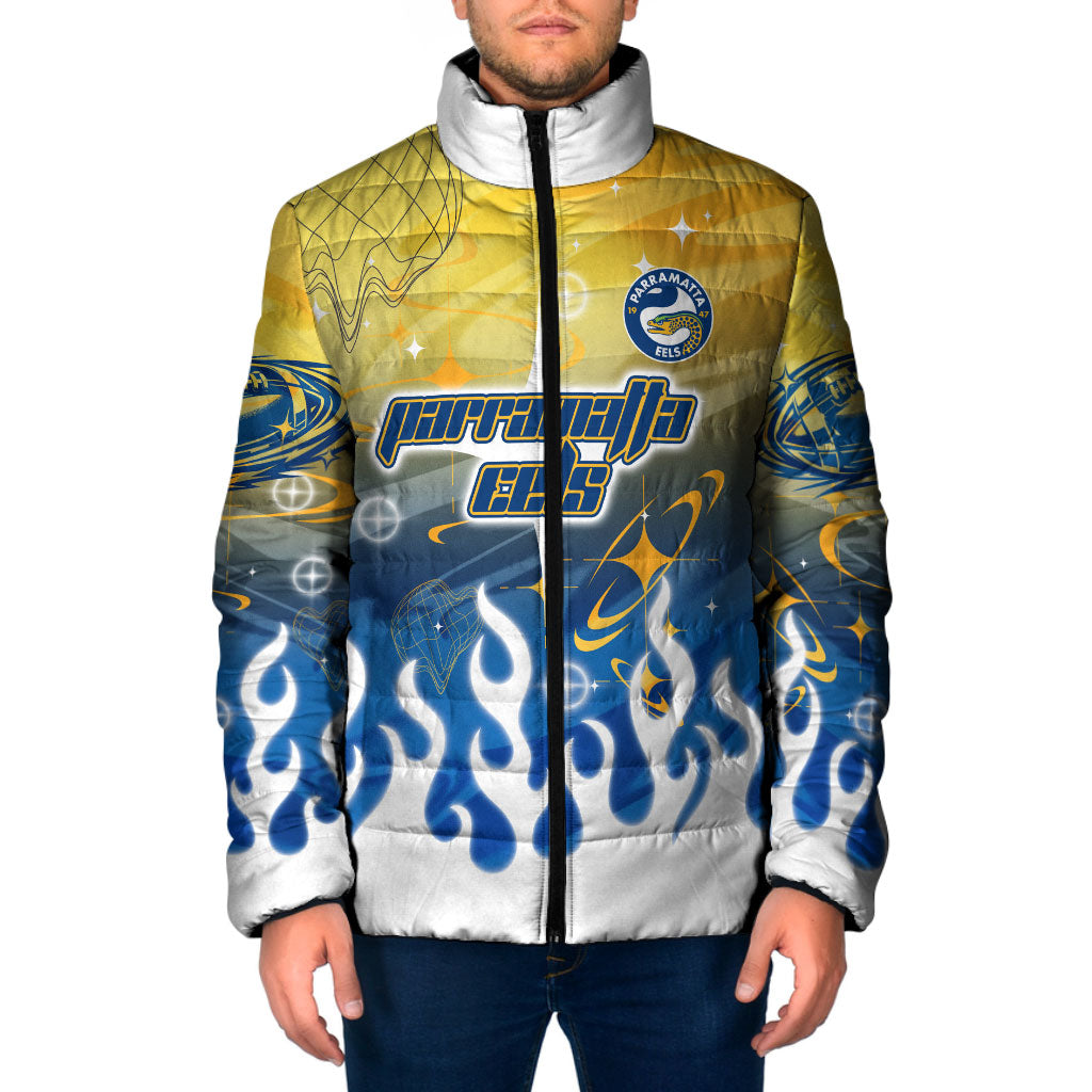 Personalized Parramatta Eels Padded Jacket Y2K Grunge Aesthetic With Cyber Flames and Starburst Graphics