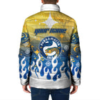 Personalized Parramatta Eels Padded Jacket Y2K Grunge Aesthetic With Cyber Flames and Starburst Graphics