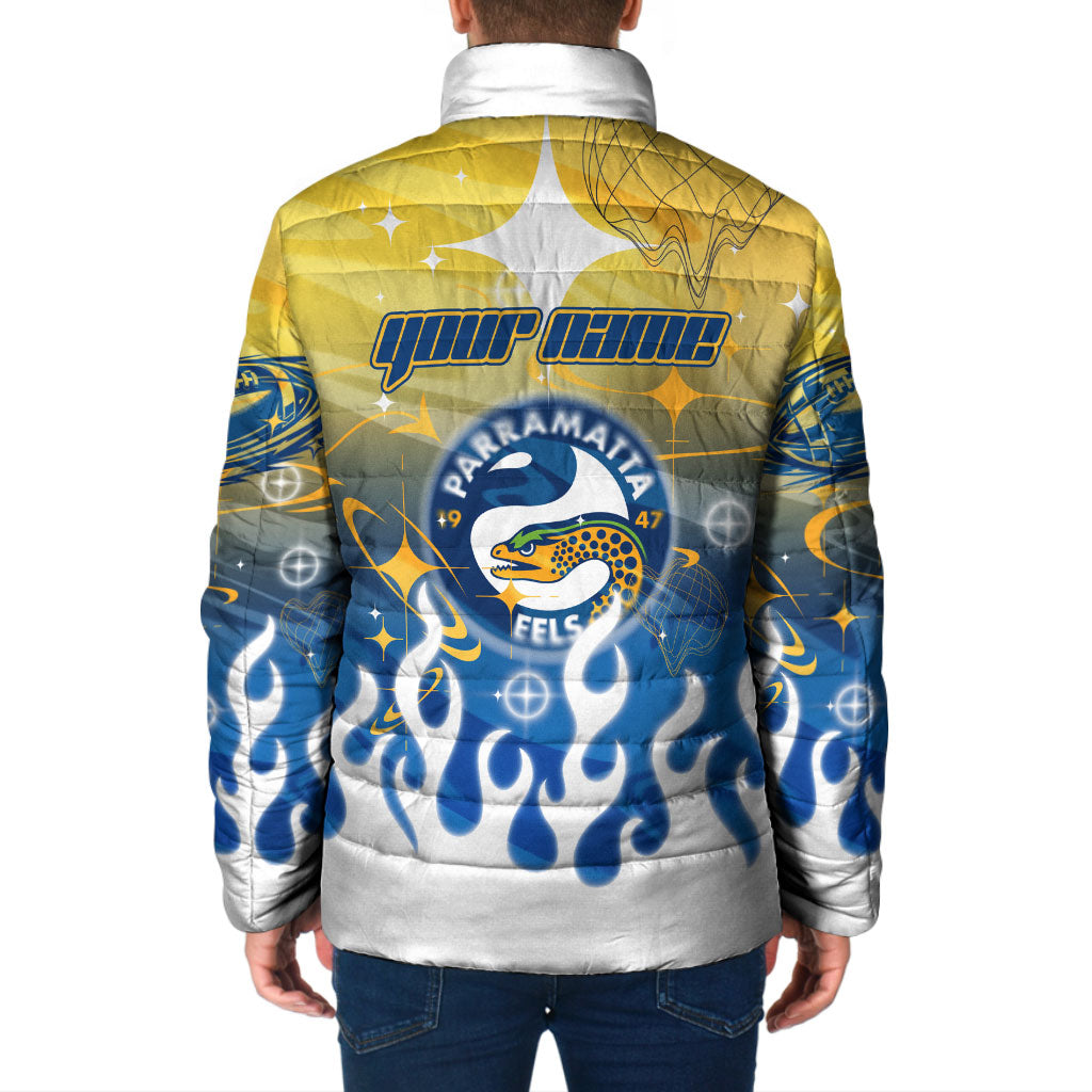 Personalized Parramatta Eels Padded Jacket Y2K Grunge Aesthetic With Cyber Flames and Starburst Graphics