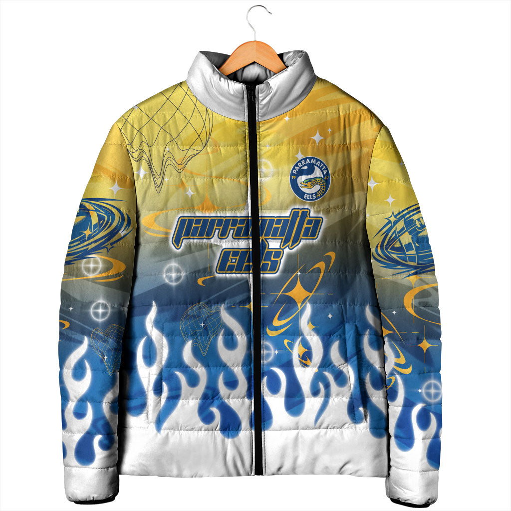 Personalized Parramatta Eels Padded Jacket Y2K Grunge Aesthetic With Cyber Flames and Starburst Graphics