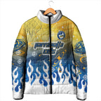Personalized Parramatta Eels Padded Jacket Y2K Grunge Aesthetic With Cyber Flames and Starburst Graphics