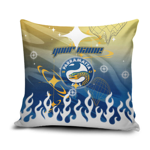 Personalized Parramatta Eels Pillow Cover Y2K Grunge Aesthetic With Cyber Flames and Starburst Graphics