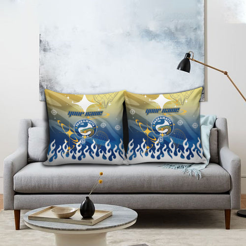Personalized Parramatta Eels Pillow Cover Y2K Grunge Aesthetic With Cyber Flames and Starburst Graphics