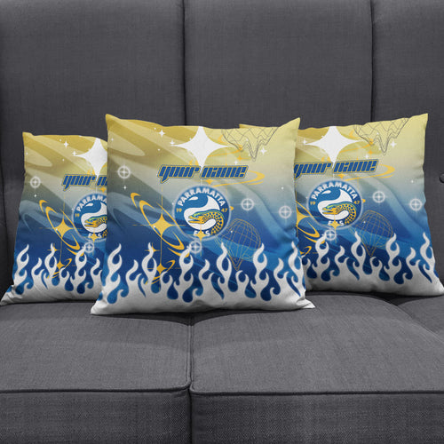 Personalized Parramatta Eels Pillow Cover Y2K Grunge Aesthetic With Cyber Flames and Starburst Graphics