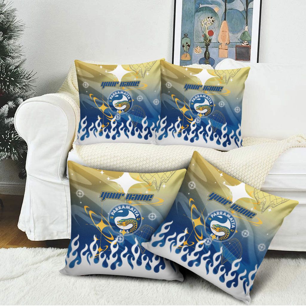 Personalized Parramatta Eels Pillow Cover Y2K Grunge Aesthetic With Cyber Flames and Starburst Graphics
