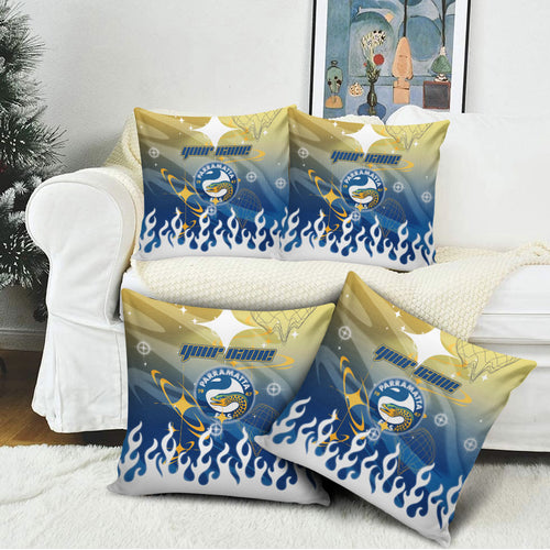 Personalized Parramatta Eels Pillow Cover Y2K Grunge Aesthetic With Cyber Flames and Starburst Graphics