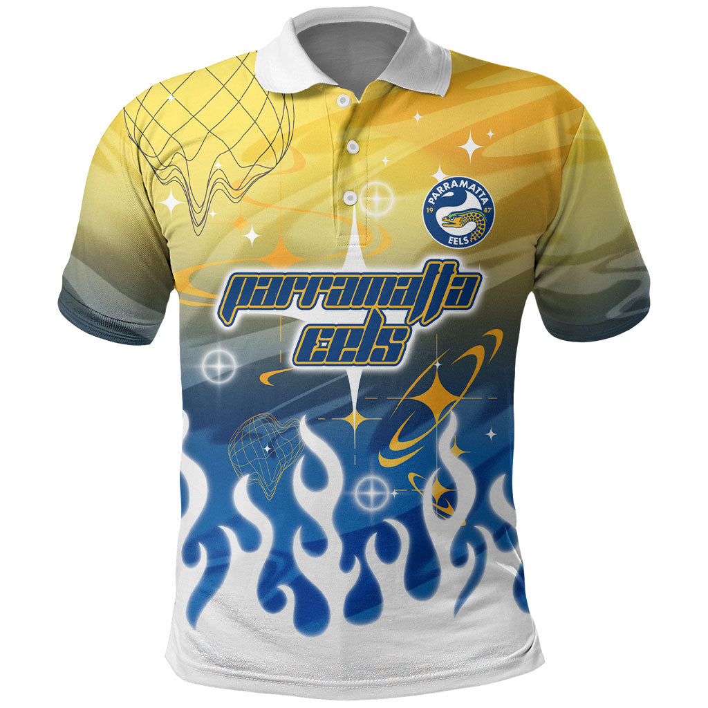 Personalized Parramatta Eels Polo Shirt Y2K Grunge Aesthetic With Cyber Flames and Starburst Graphics