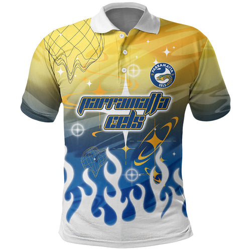 Personalized Parramatta Eels Polo Shirt Y2K Grunge Aesthetic With Cyber Flames and Starburst Graphics