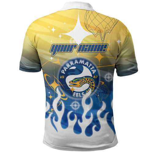Personalized Parramatta Eels Polo Shirt Y2K Grunge Aesthetic With Cyber Flames and Starburst Graphics