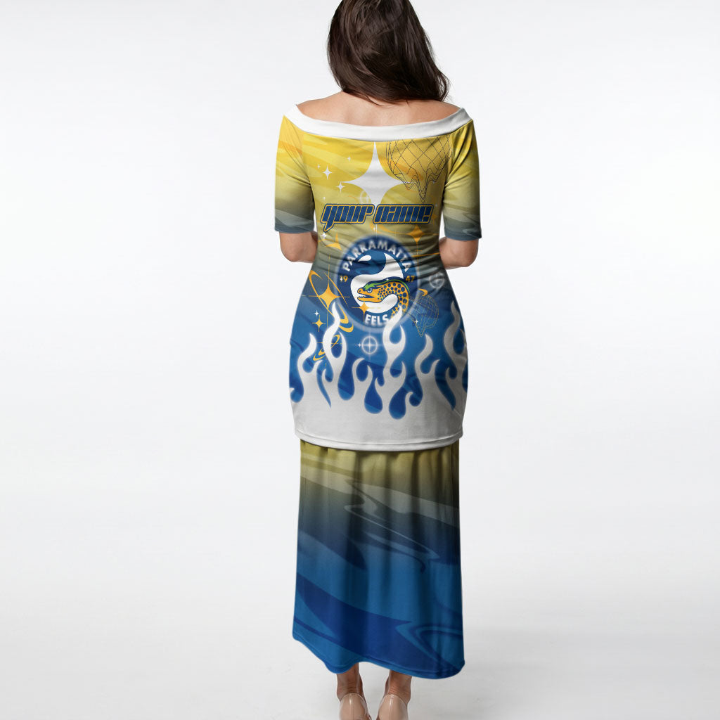 Personalized Parramatta Eels Puletasi Y2K Grunge Aesthetic With Cyber Flames and Starburst Graphics