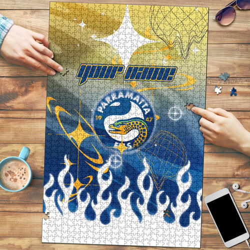 Personalized Parramatta Eels Puzzle Y2K Grunge Aesthetic With Cyber Flames and Starburst Graphics