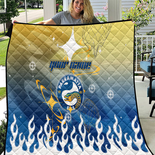 Personalized Parramatta Eels Quilt Y2K Grunge Aesthetic With Cyber Flames and Starburst Graphics