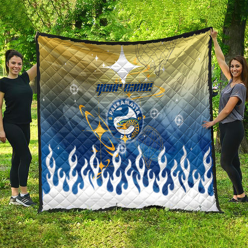 Personalized Parramatta Eels Quilt Y2K Grunge Aesthetic With Cyber Flames and Starburst Graphics