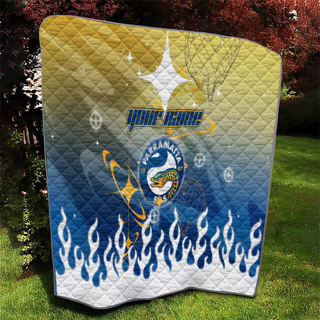 Personalized Parramatta Eels Quilt Y2K Grunge Aesthetic With Cyber Flames and Starburst Graphics