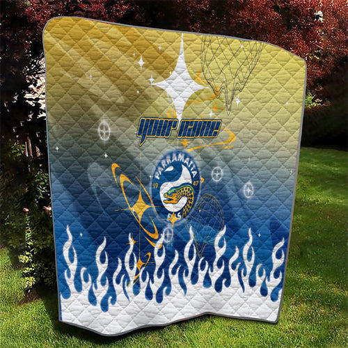 Personalized Parramatta Eels Quilt Y2K Grunge Aesthetic With Cyber Flames and Starburst Graphics