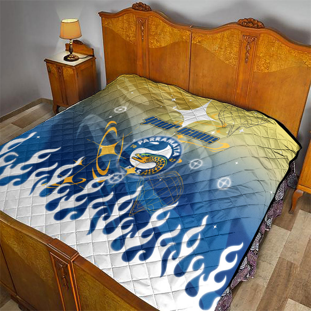 Personalized Parramatta Eels Quilt Y2K Grunge Aesthetic With Cyber Flames and Starburst Graphics