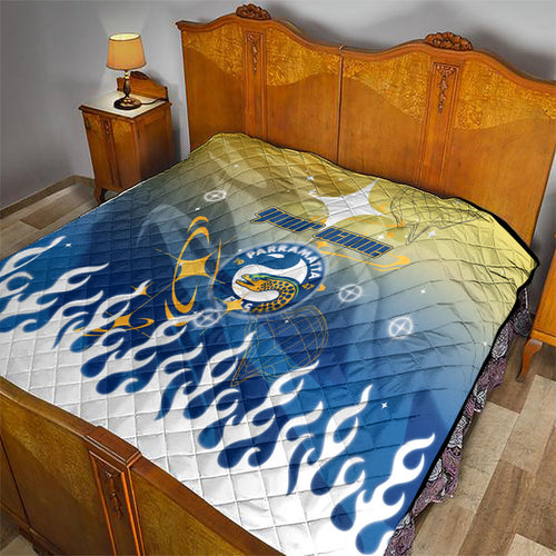 Personalized Parramatta Eels Quilt Y2K Grunge Aesthetic With Cyber Flames and Starburst Graphics