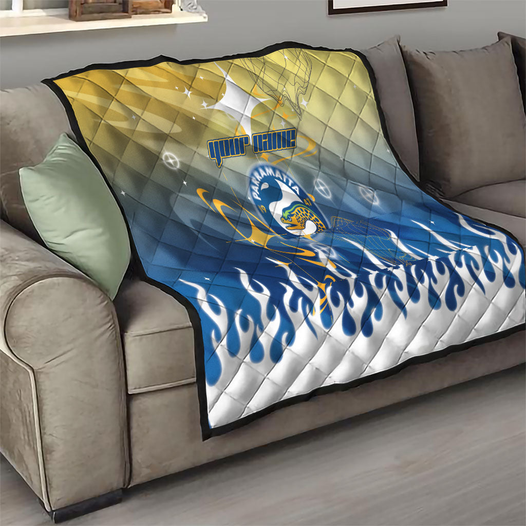 Personalized Parramatta Eels Quilt Y2K Grunge Aesthetic With Cyber Flames and Starburst Graphics